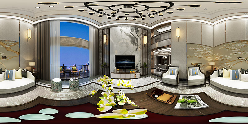 黃岐中南海暉園別墅320平米新中式風格室內(nèi)裝修案例-客廳