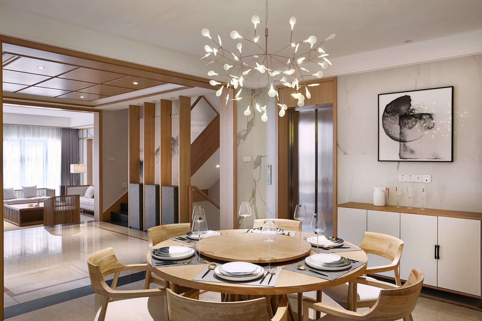 佛山裝修公司新中式風(fēng)格別墅裝修效果圖-餐廳 佛山裝修公司新中式風(fēng)格別墅裝修效果圖-餐廳